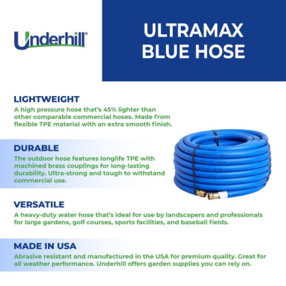 Underhill UltraMax Commercial Garden Water Hose 75 ft Lightweight Flexible AntiKink All Weather 1200 psi H75075B Inch